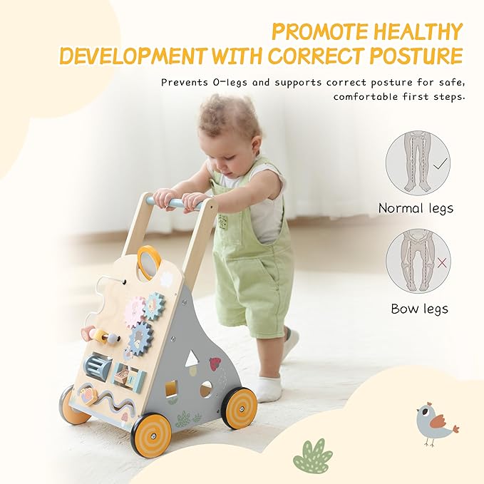 Wooden Baby Walker and Push Toy - Adjustable Height, Montessori Learning Activity Center for Boys and Girls, Toddler Push Walker and Development Toy for Kids 1-3 Years