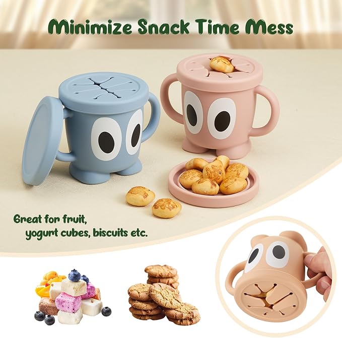 Silicone Snack Cup Food Container for Toddlers and Babies, Spill Proof Training Cup with Snack Cup Lid & Dust Proof Lid, Comes with a toy strap, Without BPA, Lead, or Phthalates (Sage)