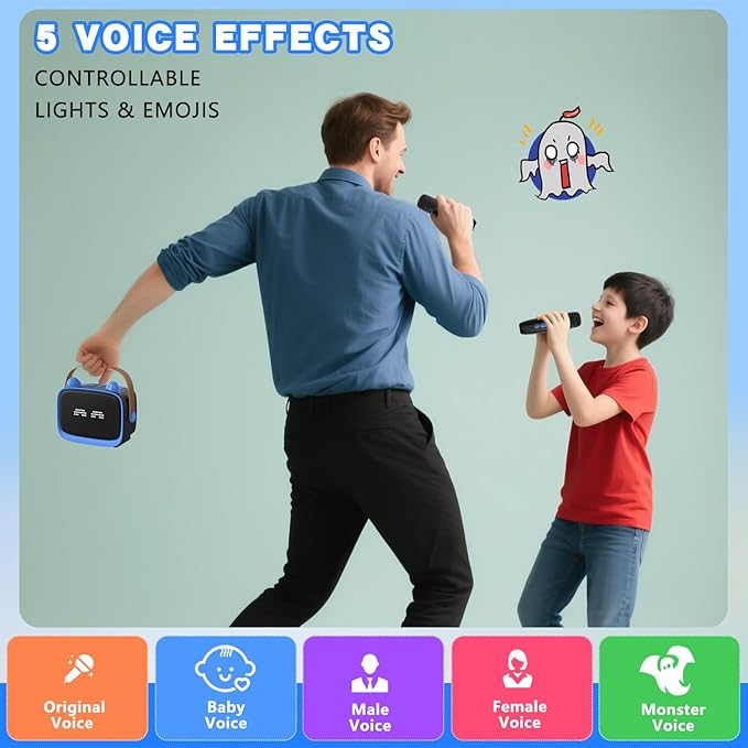 Mgaolo Upgraded Mini Karaoke Machine Toy for Kids, Portable Bluetooth Speaker with 2 Wireless Mics, Emoji & Colorful LED Lights, Home Travel & Party Play Gifts for Boys Girls (Blue)