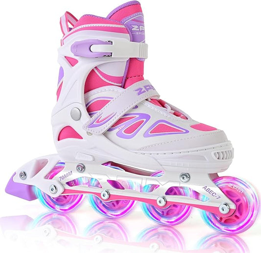 2PM SPORTS Vinal Girls Adjustable Flashing Inline Skates, All Wheels Light Up, Fun Illuminating Skates for Kids Men Adult Women and Boys