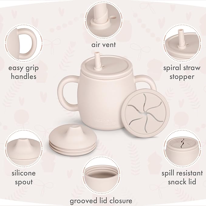 4-in-1 Silicone Sippy Cup with Snack and Straw Lid 6oz | Transition Training Cup for 6+ months to Toddler (Beige)
