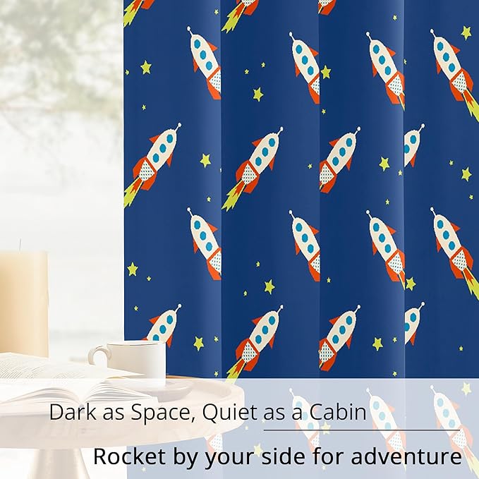 Kids Space Rocket Blackout Curtains - 100% Blackout, Thermal Insulated, Noise Reducing, Perfect for Kids Room and Nursery, 2 Panels (Rocket Blast-Off Repeat, W52×L84)