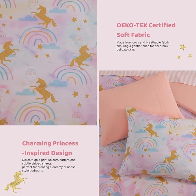 Twin Comforter Set with Sheets for Girls-5 Pieces Twin Bedding Sets with Pink Comforter, Sheets, Pillowcase & Sham for Kids (Gold Unicorn, 66" X 86")