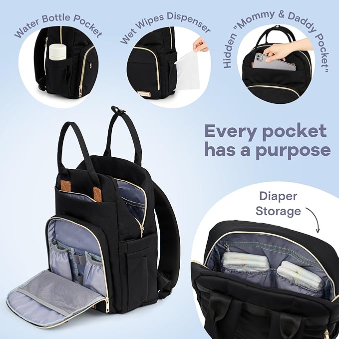 RUVALINO Diaper Bag Backpack-Multifunction Baby Travel Bag, Insulated Bottle Holders & Large Capacity, Waterproof, Deep Black