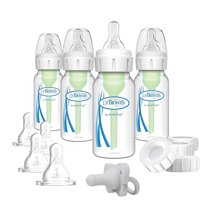 Dr. Brown's Anti-Colic Breast to Bottle Feeding Set with Slow Flow Nipples, Travel Caps, and Silicone Pacifier - Gray