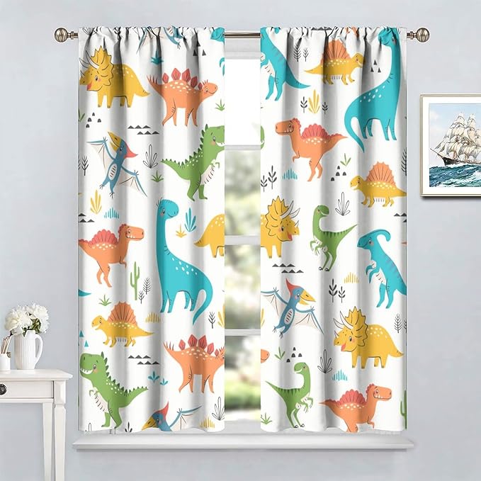 Kids Dinosaur Curtains for Boys Girls Bedroom Decor Cartoon Dino Colorful Cute Funny Animal Wildlife Printed Blackout Rod Pocket Window Drapes for Baby Nursery Playroom W27.5xL63in 2 Panels