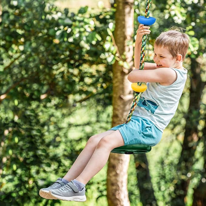 Tree Swing Climbing Rainbow Rope, Heavy Duty Swing Disc Seat Replacement for Kids with Hanging Strap and Platform Carabiners Indoor/Outdoor Playground Accessories (Green)