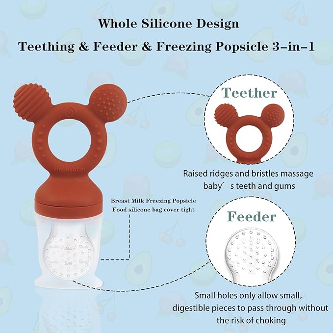 Baby Fruit Feeder, Frozen Teething Toys for Babies, Teether Pacifier with 3 Extra Teats, Eating Essentials, BPA Free Baby Feeding Supplies (Copper)