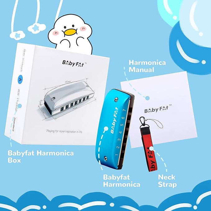 BabyFat 7 Hole Blues Mini Harmonica Set,Diatonic Harmonica with free lanyards,Gifts for Kids and Beginners,Easy-playing Musical Instrument(A Key）
