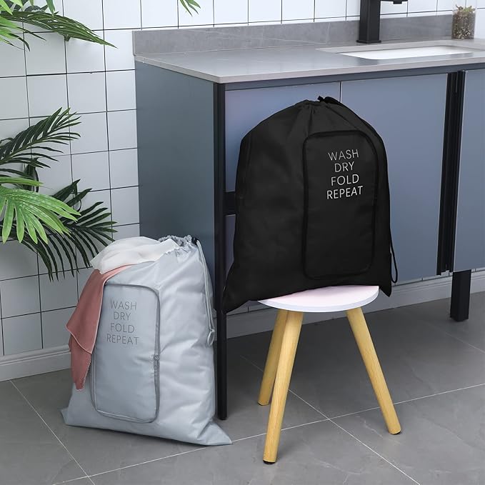 2 Pcs Travel Laundry Bag Washable Dirty Clothes Bag with Drawstring and Zipper for Suitcase, 22 x 18 Inch (Black, Gray,Classic)