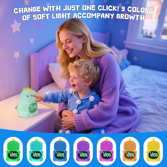TCJJ Kids Sleep Training Alarm Clock with Night Light - OK to Wake Clock & Sound Machine, Rechargeable Silicone Animal Lamp for Boys Girls Bedroom (Dinosaurs)