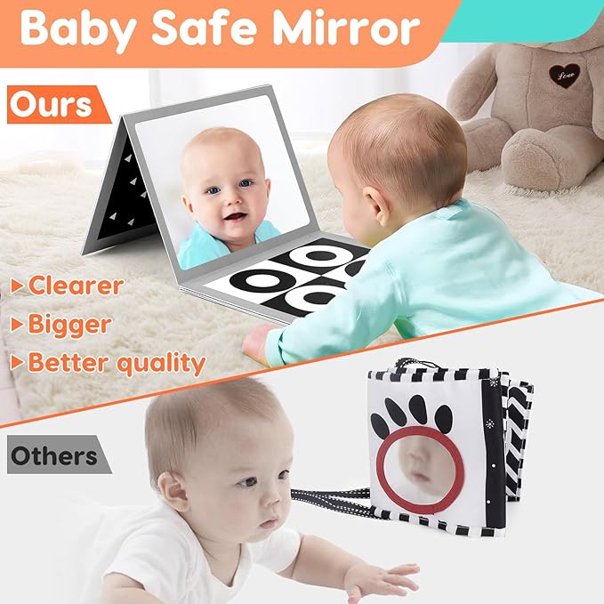 Black and White High Contrast Baby Books Flash Cards Tummy Time Mirror Toys Newborn Toys 0 6 Months Brain Development Infant Stimulating Sensory Toy 0-3 3-6 2 4 5 Months old Baby Boy Girl Shower Gifts