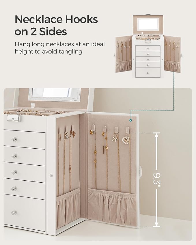 SONGMICS 6 Tier Jewelry Box, Jewelry Storage Organizer with 5 Drawers, Large Storage Capacity, with Mirror, Lockable, Jewelry Case, Gift for Loved Ones, For Watches, White UJBC152W01