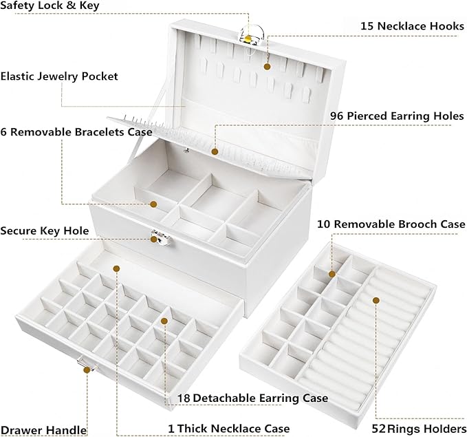 Earrings Jewelry Box for Girls, 5 Layers Jewelry Organizer with Earring Holder Organizer for Girls Earring Organizer Jewelry Boxes for Women Earrings and Necklaces Jewelry Box Organizer White