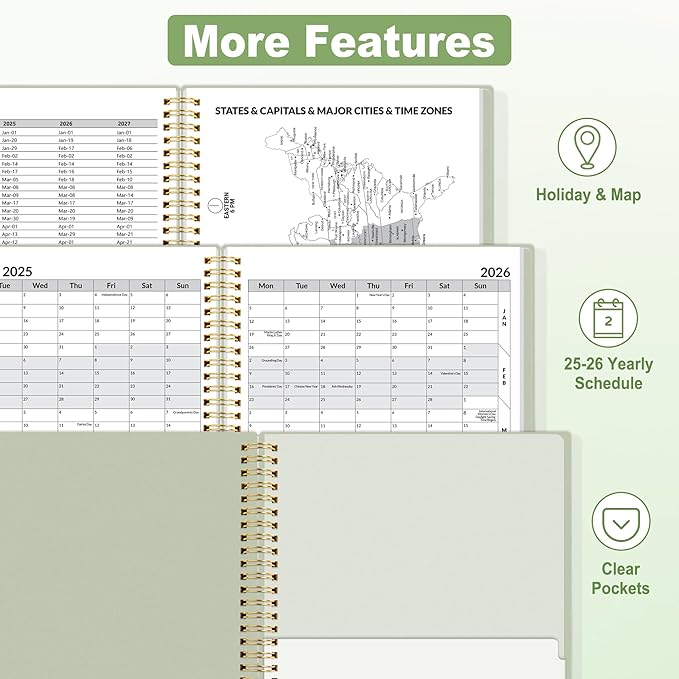 SUNEE Academic Planner 2025-2026 Weekly and Monthly, July 2025-June 2026, 8.5"x11", Tabs, Note Pages, Pockets, Bookmark, Flexible Cover, Spiral Binding, Sage Green