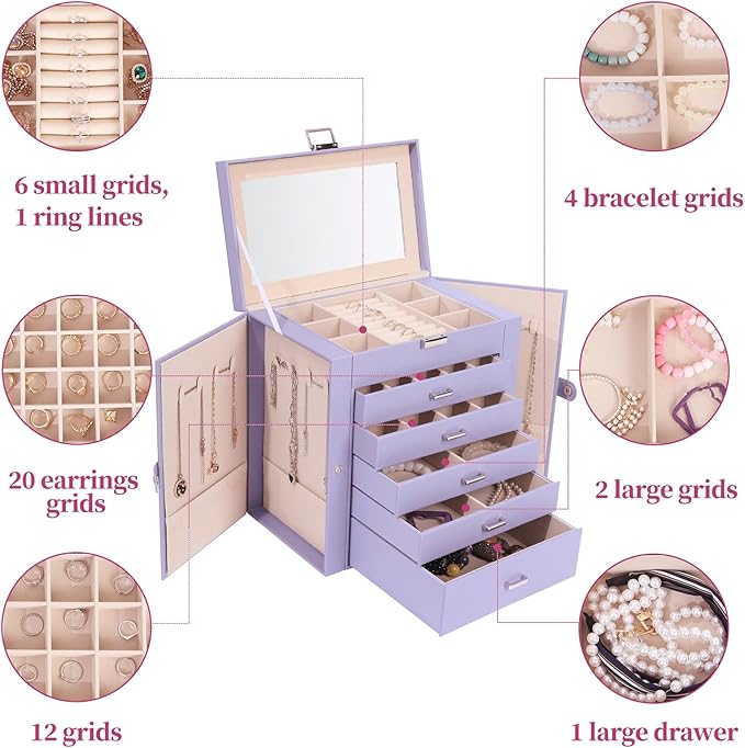 BOOVO Jewelry Box For women, 6 Layer Large Jewelry Organizer With Mirror, Multi-Function Storage Box With Lock, Accessory Holder With 5 Drawers, For Earrings Necklace Ring Bracelet (Purple)