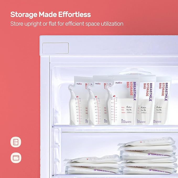 Nuliie 120 Pcs Breastmilk Storage Bags, 8 OZ Breast Milk Storing Bags, BPA-Free, Milk Storage Bags with Pour Spout for Breastfeeding, Self-Standing Bag, Space Saving Flat Profile