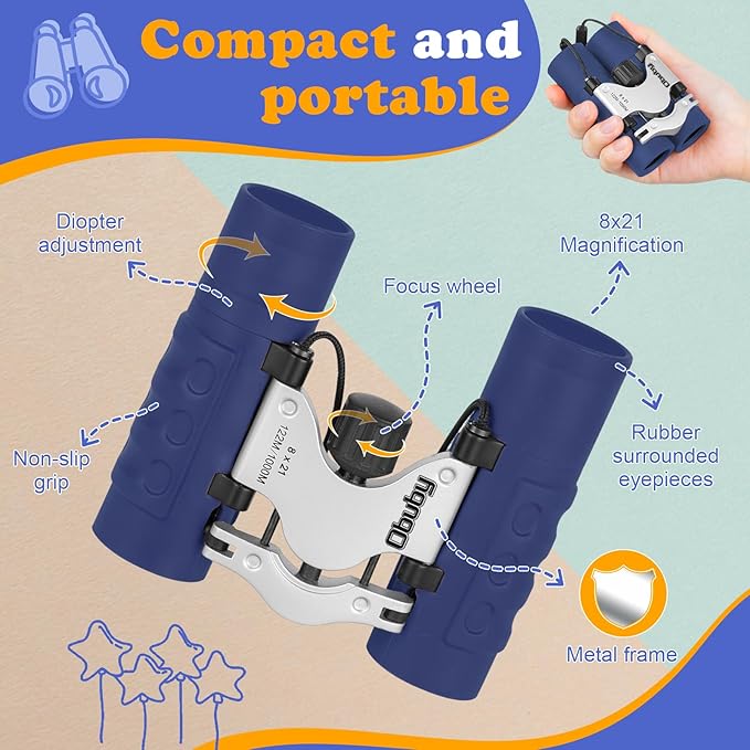 Obuby Real Binoculars for Kids Gifts for 3-12 Years Boys Girls 8x21 High-Resolution Optics Compact Toy Binocular for Bird Watching,Travel, Camping