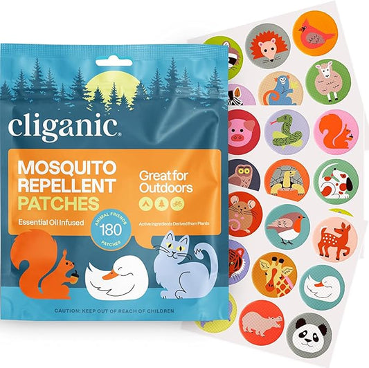 Cliganic Mosquito Repellent Stickers (180 Pack) - Animal Patches for Kids, Natural DEET-Free, Essential Oil Infused