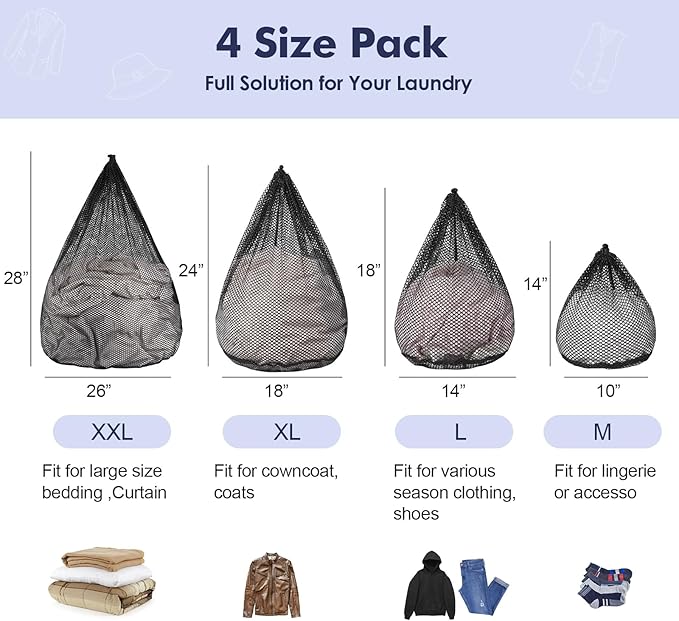 4Pcs Mesh Laundry Bags Washing Machine Mesh Wash Bags Jumbo for Delicates Clothes,Bed Linen,Toys with Drawstring Closure Sturdy (Black, Pack 4 Pcs)