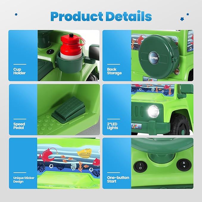 6V Toddler Ride On Car Interactive Electric Car with Horn LED Front Light Rear Storage Ocean Theme Perfect for Boys & Girls 18+ Months Safe & Fun for Little Explorers(Green Ocean)