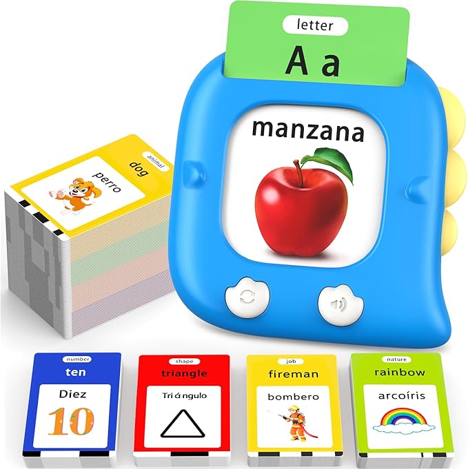 Kidzdo 520 Bilingual Spanish English Talking Flash Cards, Christmas Birthday Gifts for 2 3 4 5 6 Year Old Boys, Montessori Pocket Speech Therapy Toys, Portable Toddlers Toys for Ages 2-6 Kids, Blue