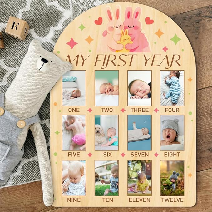 ORIGACH My First Year Baby Growth Photo Display Wood Board - 12 Months Newborn Milestones Photo Board - Neutral Baby Keepsake Frame 1st Birthday Party Nursery Decor New Mom Gift - Rabbit