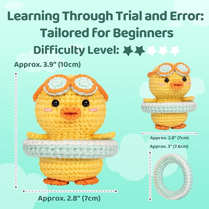 Mewaii Crochet Kit for Beginners Level 2 with 40% Extra Eco-Friendly Pre-Started Easy Yarn, Step-by-Step Video Tutorials for Adults and Kids (Summer Duck)