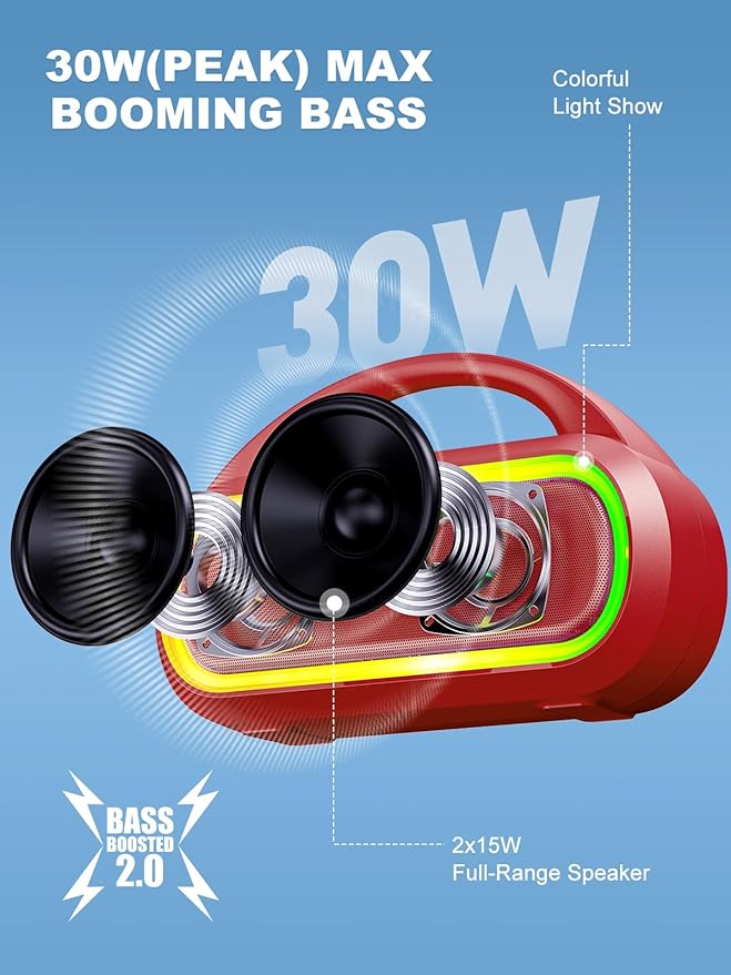 TPone Portable Bluetooth Speaker, 30W (Peak) Wireless Speaker for Outdoor, Up to 12H Playtime, IPX5 Waterproof with Light, TWS Pairing, for Home/Party/Outdoor/Beach, Birthday Gift (Red)