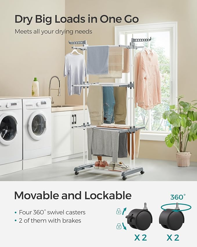 SONGMICS Clothes Drying Rack Stand 4-Tier, Foldable Laundry Drying Rack 68.1-Inch Tall, Steel, Rolling Clothes Horses Dryer Rack, Easy to Assemble, Indoor Outdoor Use, White ULLR701W01