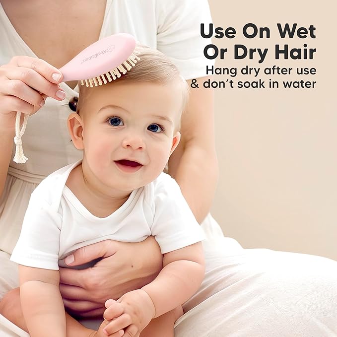 Baby Hair Brush and Comb Set for Newborn - Wooden Baby Hair Brush Set with Soft Goat Bristle, Baby Brush Set for Newborns, Baby Brush and Comb Set Girl, Boy, Toddler Cradle Cap Brush (Oval, Blush)