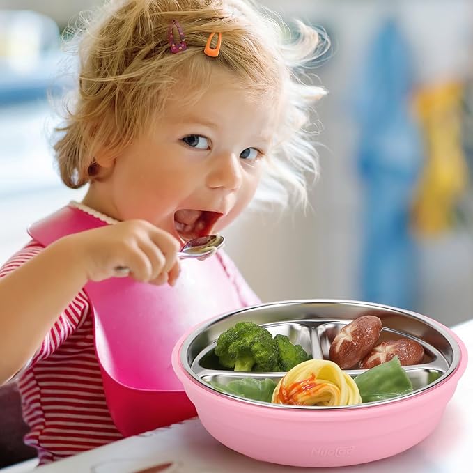 Nuogo 2 Pcs Stainless Steel Baby Suction Plates with Removable Silicone Shell 2-in-1 Metal Toddler Bowl Divided for Picky Eaters Kids Feeding Led Weaning Supplies, Dishwasher Safe (Beige,Pink)