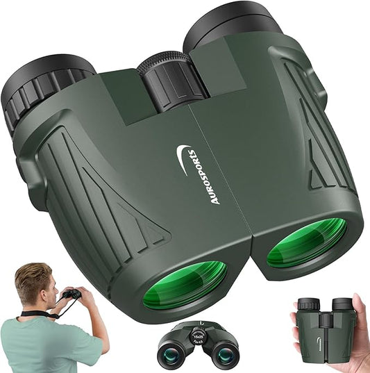 Aurosports 15x25 Compact Binoculars for Adult Kids - High Power Binoculars for Bird Watching - Easy Focus Small Binocular with Low Light Vision for Travel, Camping, Concert, Hiking -Green