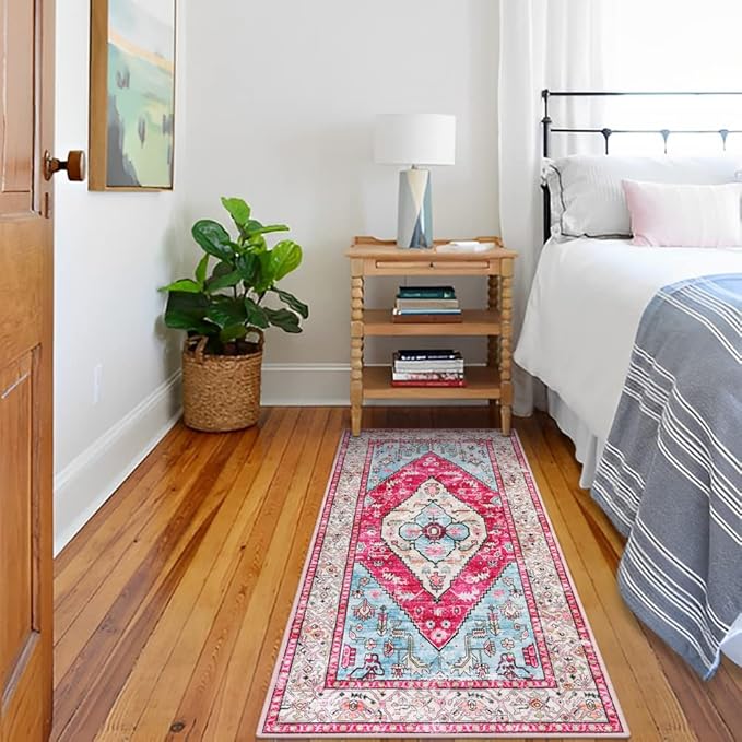 Lahome Boho Round Rug - 4Ft Washable Area Rug, Non-Slip Small Bathroom Rug, Lightweight Bedroom Throw, Oriental Distressed Print Carpet for Entryway, Sofa, Nursery, Kids Room