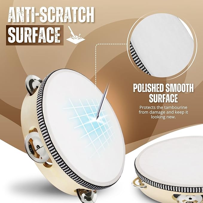 Flexzion Wooden Round Tambourine for Kids and Adults 6" Inch Single Row 8 Pair Jingles, Wood Handheld Percussion Instrument for Beginner and Professional Tambourine Player