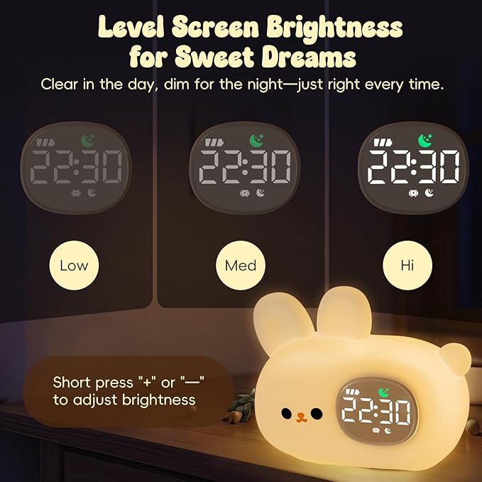 Bunny Alarm Clock with Night Light for Kids with Sleep Training and Sound Machine, Rechargeable Silicone Lamp OK to Wake Clock，Cute Animal Tabletop Lamp, Perfect Sleep Companion for Boys Girls