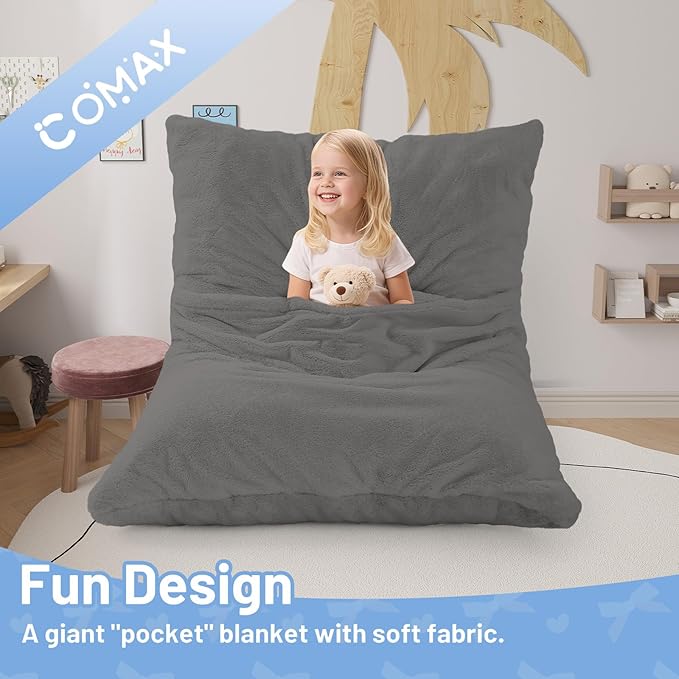 COMAX 3-in-1 Bean Bag Chair for Kids, Toddler Beanbag Bed, Convertible Child Floor Lounger, Floor Mattress with Filler for Girl Boy Sleeping Reading, Grey