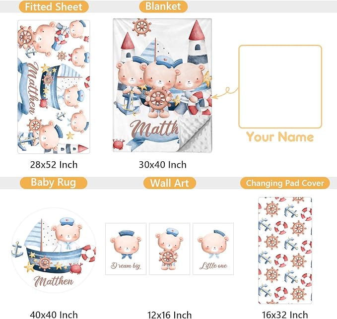 Custom Baby Bedding Set, 5 Pcs Customized Nursery Bedding Set with Name, Comfortable Double Layer Crib Sets for Boys Girls, Personalized Gifts for Infants Toddlers New Parents, Sailing Bear