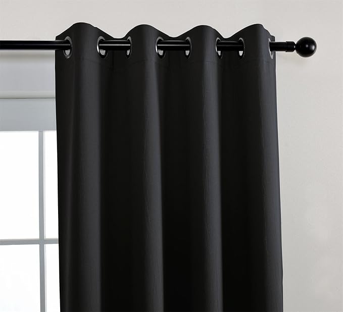 MIUCO Room Darkening Texture Linen Look Blackout Grommet Curtains for Office Set of 2 52x84 Inch Long Black