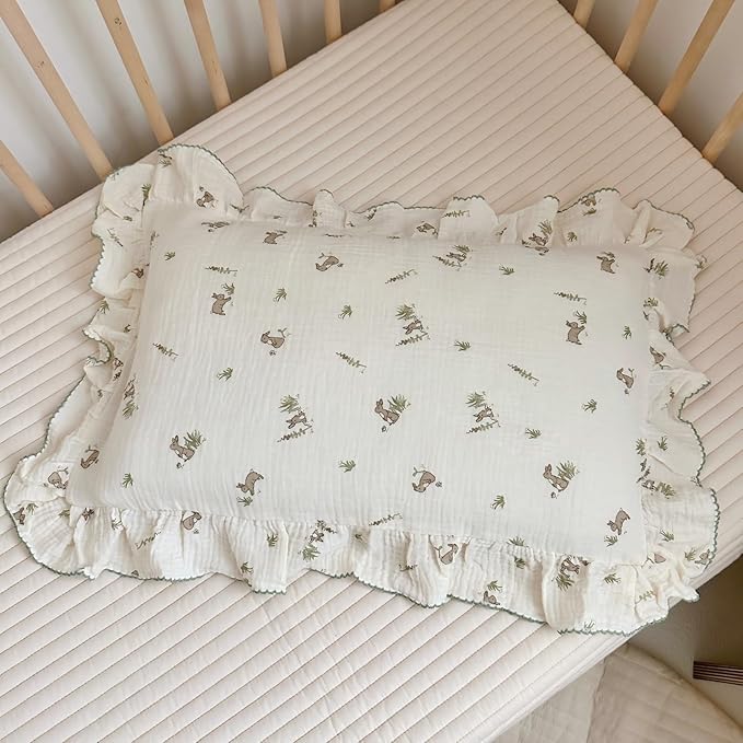 BuLuTu Muslin Toddler Pillowcase for Crib Cot Cradle, Soft Thin Kids Pillow Cover for Girls Boys, Children Pillow Cover for Sleeping with Cute Rabbit Print,14"x20", Envelope Closure