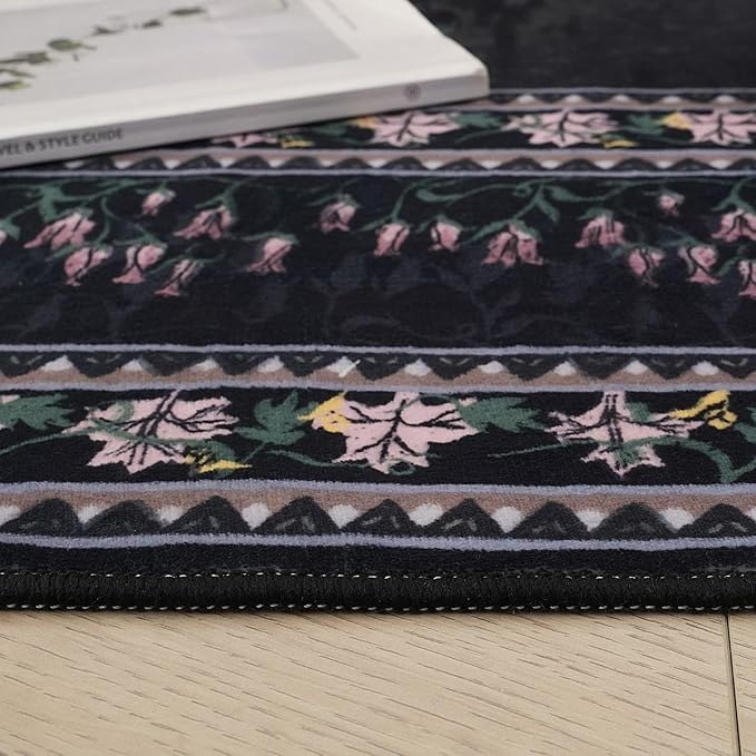 Circle Rug Impressionist-Style Vintage Round Rug 4ft Non Slip Low Pile Small Circular Rug for Bedroom Bathroom Entryway Kids Room Office College Dorm, Black