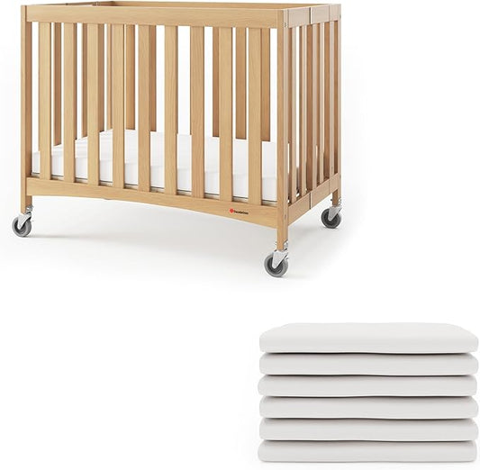 Foundations Compact Travel Sleeper Folding Hotel Crib and Sheet Bundle - Includes Wooden Mini Crib with 2" Foam Mattress (Natural) and 6-Pack White Fitted Compact Sheets