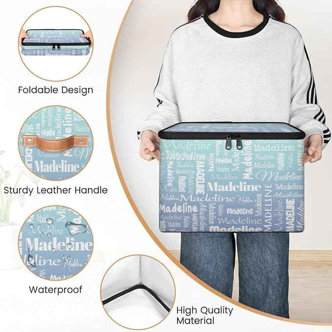 Custom Storage Basket with Name, Personalized Storage Bins with Zipper Lid, Foldable Fabric Storage Box Large capacity with Handle Green Blue Gradient