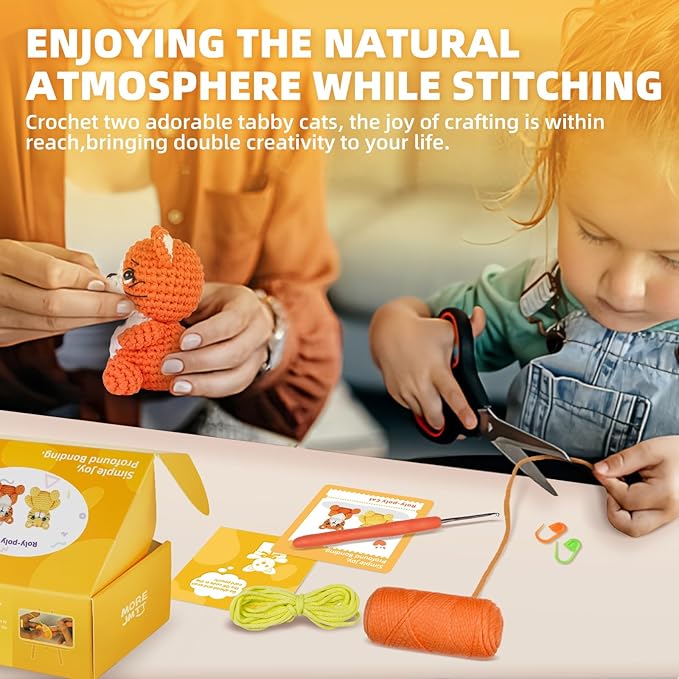 MOREJMTT Crochet Kit for Beginners, Learn to Crochet, Include Easy Knitting Soft Yarn, Step-by-Step Video Tutorial, Hook, Holiday Birthday Gift for Adults and Kids(2pack cat)
