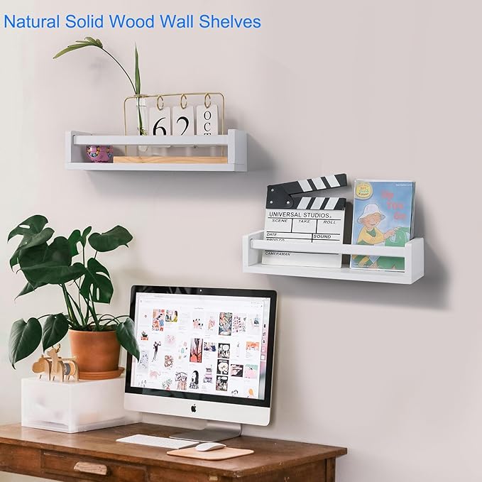 Nursery Book Shelves | Set of 2 Wood Floating Shelves for Kids Room, Kitchen Spice Rack, or Rustic Wall Mounted | Farmhouse Bathroom Décor (White)
