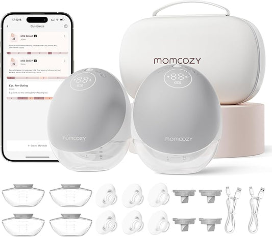 Momcozy Breast Pump Hands Free Upgraded Mobile Flow | M9, App Discreet Control with Personalized Multi-Modes & 15 Levels, Wearable Breast Pump 24mm, 2 Pack Gray