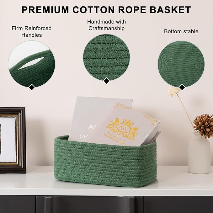 4 Pack Small Storage Shelf Baskets for Organizing, Mini Woven Rope Storage Bins for Towels, Cute Decorative Closet Organizer，Baby Nursery, Gift Empty Baskets -11.81''Lx7.87''Wx4.72''H-Green