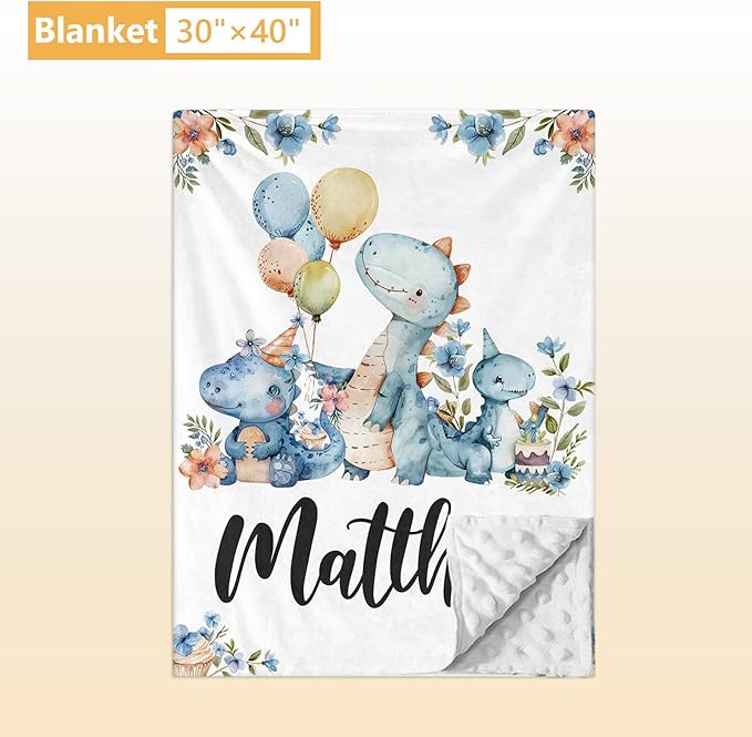 Custom Baby Crib Set - 5 Pcs Personalized Name Blue Dinosaur Crib Bedding Set for Infants Toddlers - Soft Double Layer Nursery Bedding Set for Boys - Customized Gifts for Baby Shower Birthday