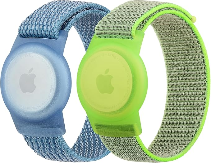 Kids Wristband Protective Case Compatible with Apple AirTag, Adjustable Nylon Bracelet for Air Tag GPS Tracker Holder with Anti Lost Watchband for Toddler Child Kids (Green+Blue)