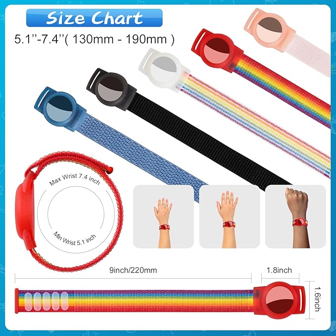 Waterproof Air Tag Bracelet for Kids (2 Pack), Soft Nylon Hidden Air Tag Wristband Full Cover Lightweight GPS Tracker Holder Compatible with Apple AirTag Band for Toddler Child (Deep Rainbow/Blue)